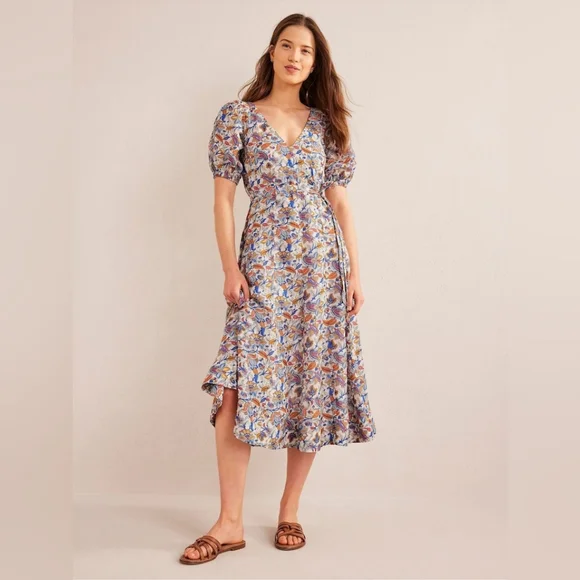 Boden Linen Blend Midi Dress Puff Sleeve A-Line Floral Boho Print V-Neck Size 14 - Picture 3 of 16